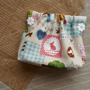 コラージュ風リネンのバネポーチ