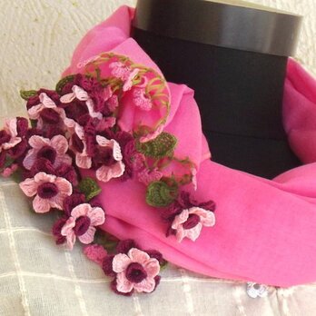 送料無料！　立体レース 花のコットンストール　ピンクの画像