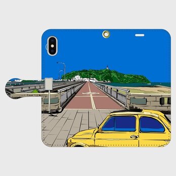 湘南イラスト・スマホケース（手帳型）iPhone&Android対応　江ノ島と黄色いフィアット500が描かれたイラスト♪の画像