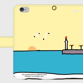 湘南イラスト・スマホケース（手帳型）iPhone&Android対応　江ノ島灯台と湘南の海に沈む夕日のイラスト♪の画像