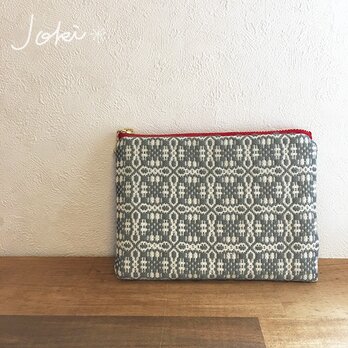 pouch[手織りミニポーチ]グレーホワイト×レッドファスナーの画像