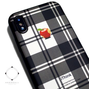 iphoneXケース/iphoneXsケース 軽量レザーケースiphoneXカバー（ホワイト×ブラック）赤リンゴタータンチェックの画像