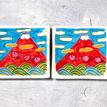 赤富士と波千鳥のスクエアプレート(15cm)の画像