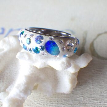 SALE! Gland Blue Opal Ring オパールとスワロフスキーのコースタルリングの画像