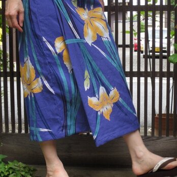 浴衣リメイク☆黄菖蒲が華やかな巻きスカート風81cm丈の画像