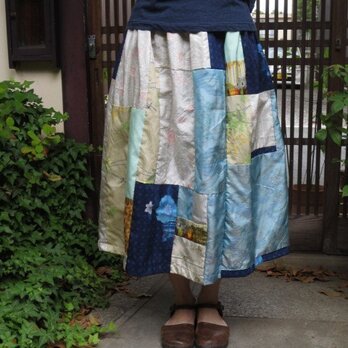 紬リメイクスカート☆紺～水色白地も涼やか♪74㎝丈の画像