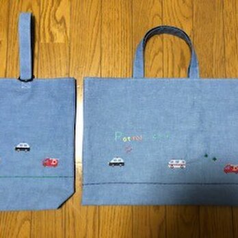 １点限定★クロスステッチ刺繍：働く車★レッスンバッグとくつ入れのセット＊通園通学の画像