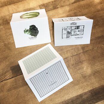 サンキューカード /メッセージカード　間取りや野菜、原稿用紙のシュールな二つ折りカードミニ　３点セットの画像