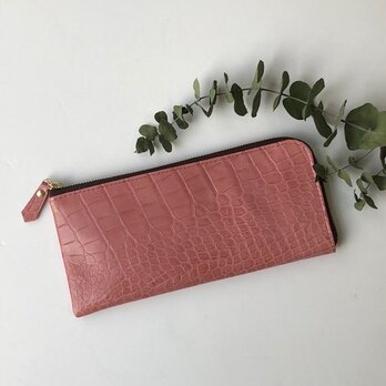 牛革のスリムな長財布　Ｌ字型　クロコダイル型押し　春いろピンクの画像