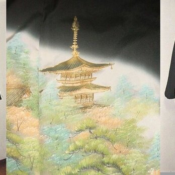 Sold Out留袖リメイク♪春景色＆金閣寺が素敵な留袖ワンピース♪ハンドメイド♪ゆったりサイズの画像