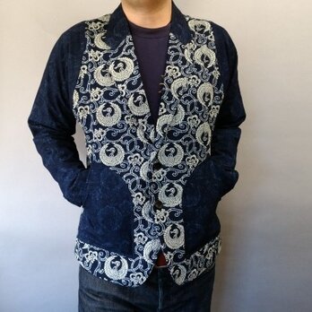 吉兆藍木綿テーラードジャケット（唐草鶴紋様）衿・袖裏使いの画像