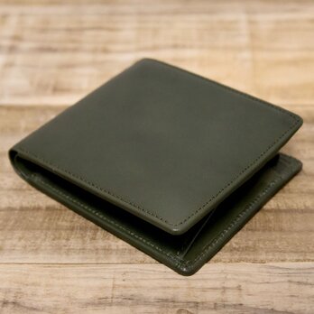 <送料無料>ヌメ革シンプルな二つ折り財布　ダークグリーン（レザー 牛キップヌメ）の画像