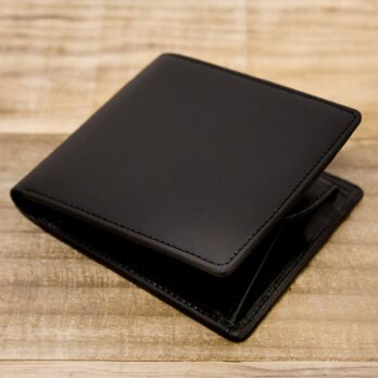 <送料無料>ヌメ革シンプルな二つ折り財布　ブラック（レザー 牛キップヌメ）の画像