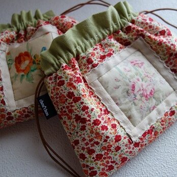 リバティおしゃれ巾着（phoebeフィービー柄オレンジ系色：浅型）