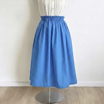 コットンリネン(ブルー) ◇ワッシャー加工　ギャザースカート　ハーフリネン　綿麻