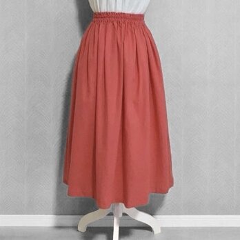 コットンリネン(コーラルピンク) ◇ワッシャー加工　ギャザースカート　ハーフリネン　綿麻