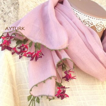 刺繍レースの小花付き　コットンストール　パウダーピンクの画像