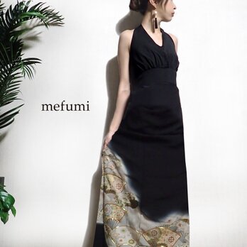 受注制作 ✳︎１点物 ✳︎ アンティーク  正絹 扇 着物リメイク   フォーマル ロングワンピース  M / Lサイズの画像