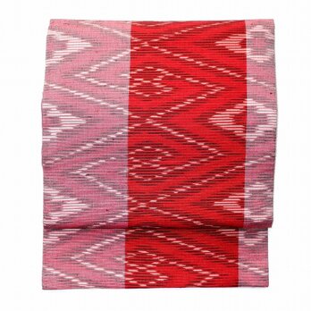 タイシルク赤白黒菱柄絣名古屋帯の画像