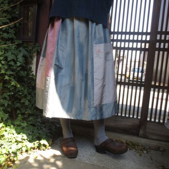 紬着物リメイク☆優しい色の紬で春のお出かけスカート77㎝丈の画像