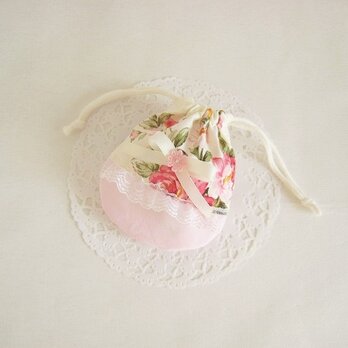 かわいいバラ模様のミニ巾着袋（ピンク）の画像