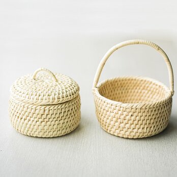 ちび籠　2点セット　蓋つき&手付き　手編み