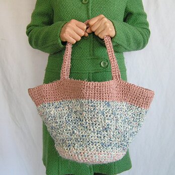¶ & crochet ¶ 着物裂き編み　少し大きめの春色ショルダートートバッグの画像