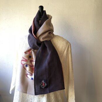 銘仙と播州織のストール015（紫×ベージュ）スカーフ　麻　リネン　コットンの画像