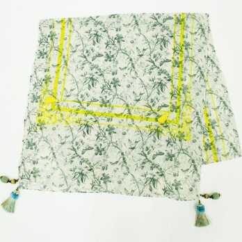 50％オフ★タッセル有り♪花蝶×フレーム柄ストール(グリーン)918001