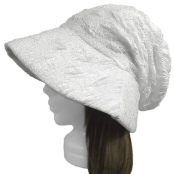 膨れ織レースニット／女優帽子(ゆったり)◆ホワイト　◇紫外線対策　オールシーズン着用◇の画像