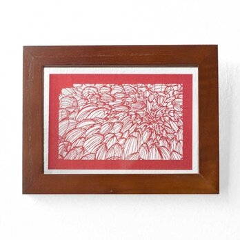 切り絵 菊 フローターフレーム 吊り・置き兼用 透明 額縁 赤の色渋紙の画像