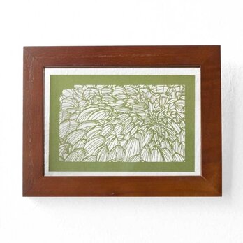 切り絵 菊 フローターフレーム 吊り・置き兼用 透明 額縁 抹茶の色渋紙の画像