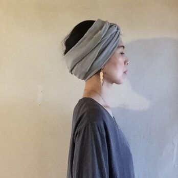 リネンコットンニットの ターバン  グリーングレー　‥ロングタイプ‥