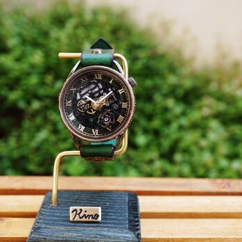 メカニックブラック　AT　グリーン　真鍮　手作り腕時計の画像