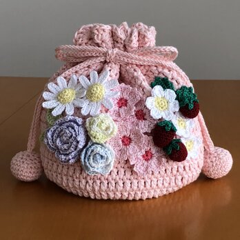 お花いっぱい手編み巾着☆ピンクの画像