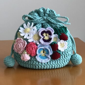 お花いっぱい手編み巾着☆グリーン系