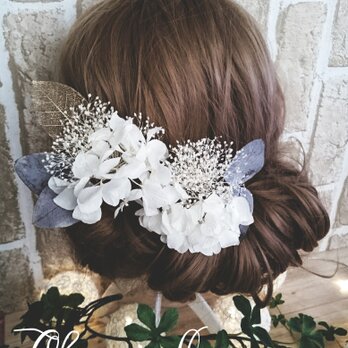 本物のお花 かすみ草と紫陽花の髪飾り5点Setの画像