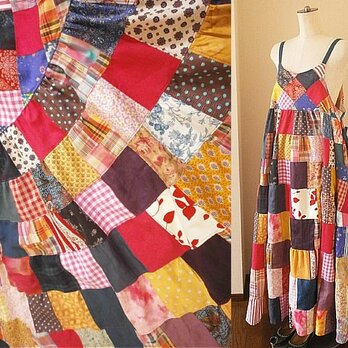SOLD 絵画なパッチ ティアード キャミワンピ 花 ギンガム 水玉 ストライプ マキシ