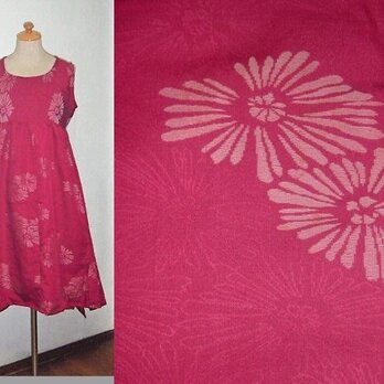 Sold Out着物リメイク♪白いマーガレットが可愛いピンクお召しワンピース♪裾変形♪ハンドメイドの画像