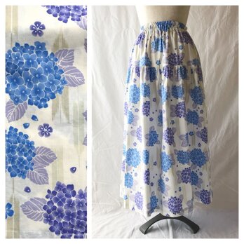 【和柄】雨の季節を楽しむ紫陽花のティアードスカート（ホワイト）の画像
