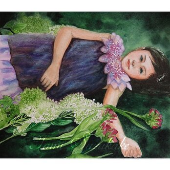 水彩・原画「紫陽花と少女」の画像