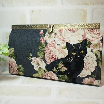 黒猫と薔薇の長財布（口金模様入り）の画像