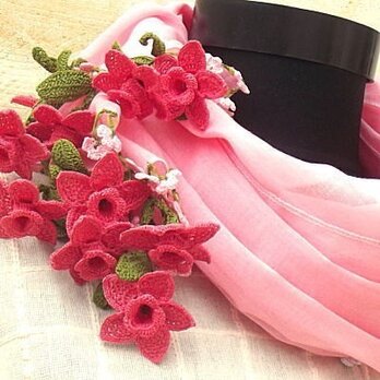 立体刺繍の花付き　オーガニックコットンストール　ライトピンクの画像
