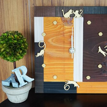【立体】寄せ木アート・猫の時計の画像