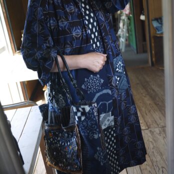 古布&久留米絣襟と袖口フリルワンピースの画像