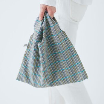 【在庫限りSALE】日本の布の手提げ｜近江上布｜綿麻 カーキ×ブルー