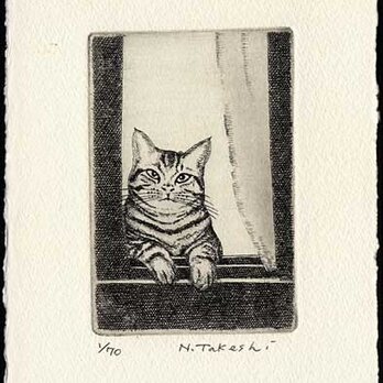 窓から猫が/ 銅版画 (作品のみ）の画像