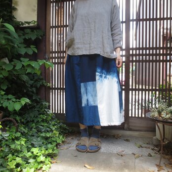 藍染め木綿スカート☆夏に着たい爽やかぼかし染めです７９㎝丈の画像