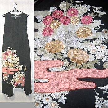 Sold Out留袖リメイク♪花の刺繍が豪華な留袖ワンピース♪裾変形♪ハンドメイド♪正絹の画像