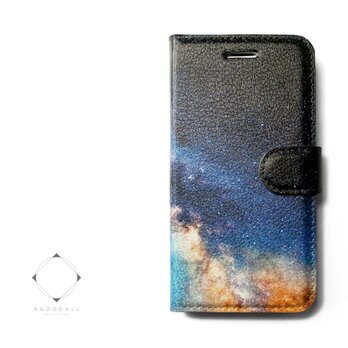 【両面デザイン】 iphoneケース 手帳型 レザーケース カバー（天の川×ブラック）夜空の画像